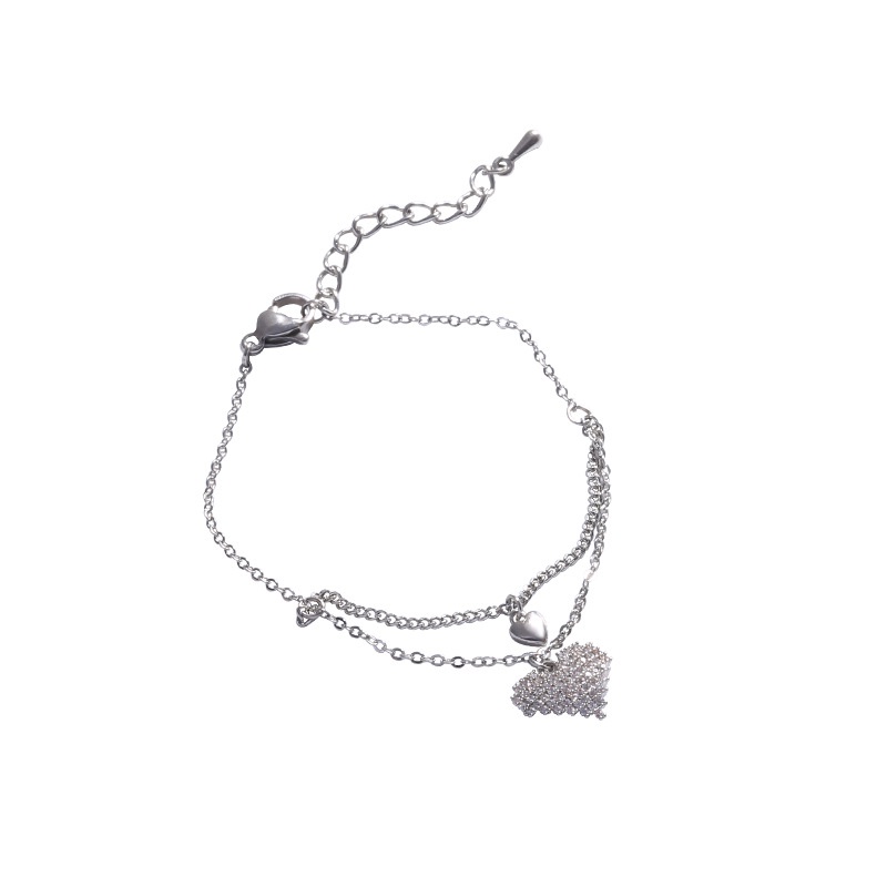 Gelang Tangan Rantai Baja Titanium Banyak Lapis Aksen Hati Berlian Mewah Untuk Wanita