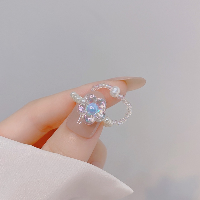 Magic789 1pc Cincin Manik-Manik Mutiara Akrilik Bentuk Bunga Warna Putih Untuk Wanita