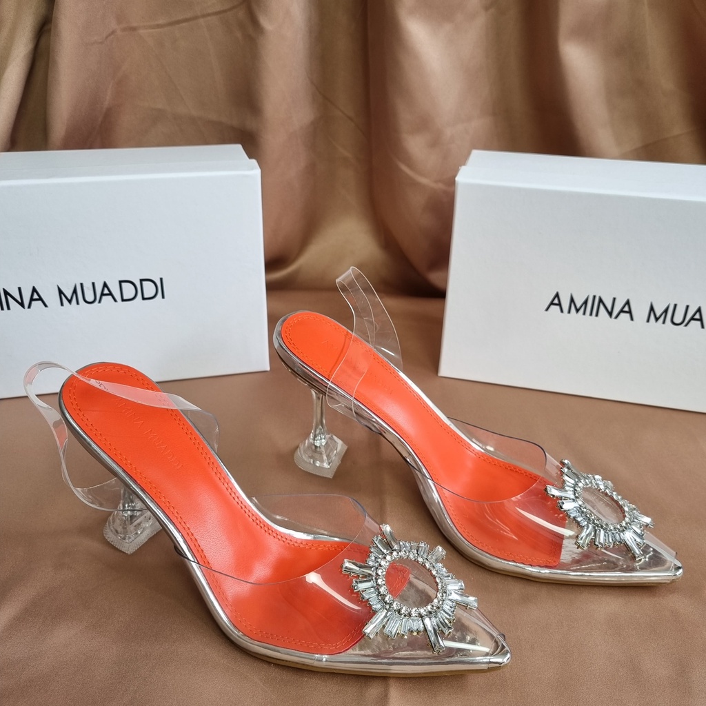 SEPATU AMINA MUADDI WANITA BEGUM CRYSTAL GLASS SLING HEELS TRANSPARAN PVS