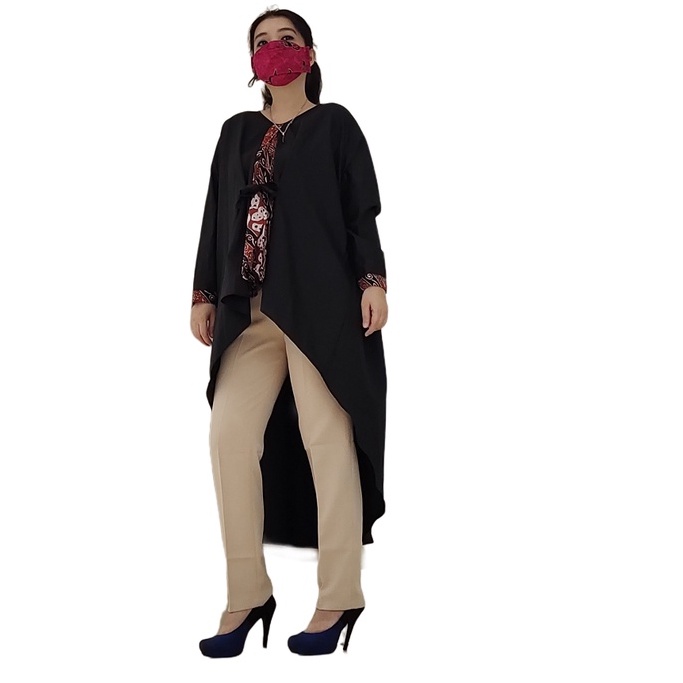 Tunik Hitam Jumbo Kombinasi Batik Wanita GESYAL Big Size Lengan Panjang