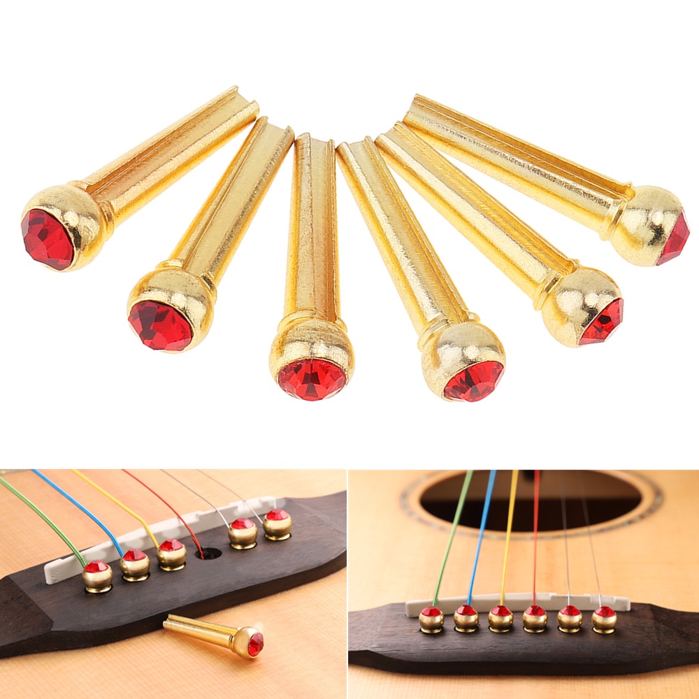 6pcs Bridge Pin Kuningan Dengan Kepala Kristal Merah Untuk Gitar Akustik Folk