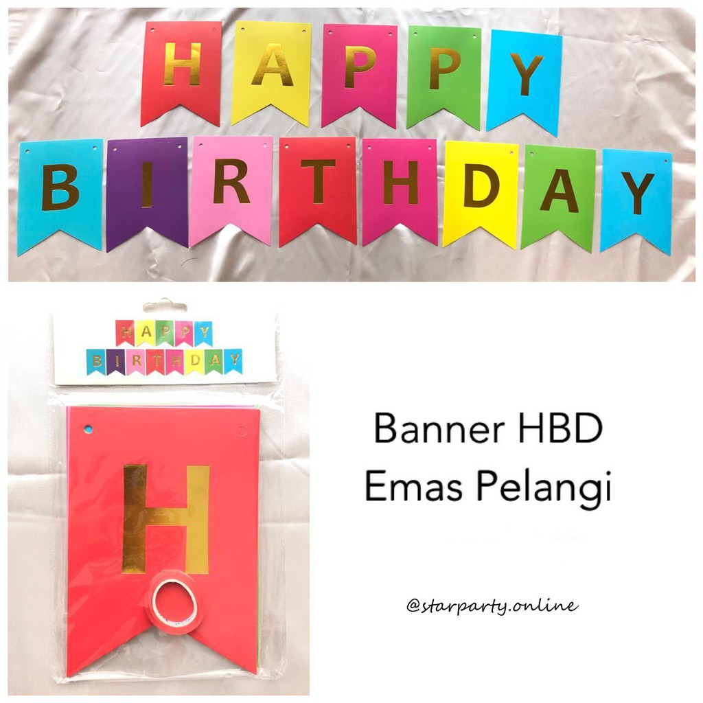 Banner HBD Emas Pelangi / Rangkaian HBD / Tulisan HBD