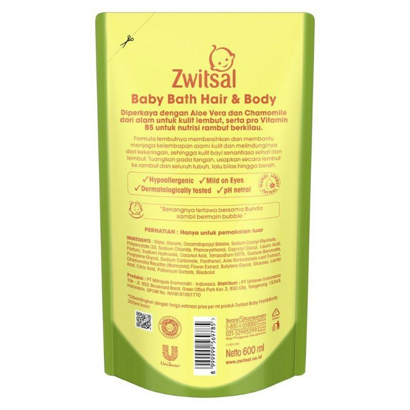 Zwitsal Baby Bath Hair &amp; Body Aloe Vera 600mL (sabun &amp; shampoo bayi) Detergen,, sabun pencuci botol