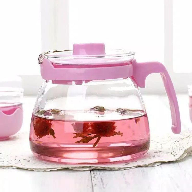 (PROMO) Teapot Warna Set 5in1 / Teko Set Gelas Kaca FREE BUBBLE / Tea Pot Warna / Kado Souvernir