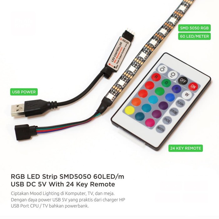 Led Light Strip Lampu Rgb Usb Dc 5v 5050 Remote Untuk Tv Pc Rak Modding Dll Indonesia