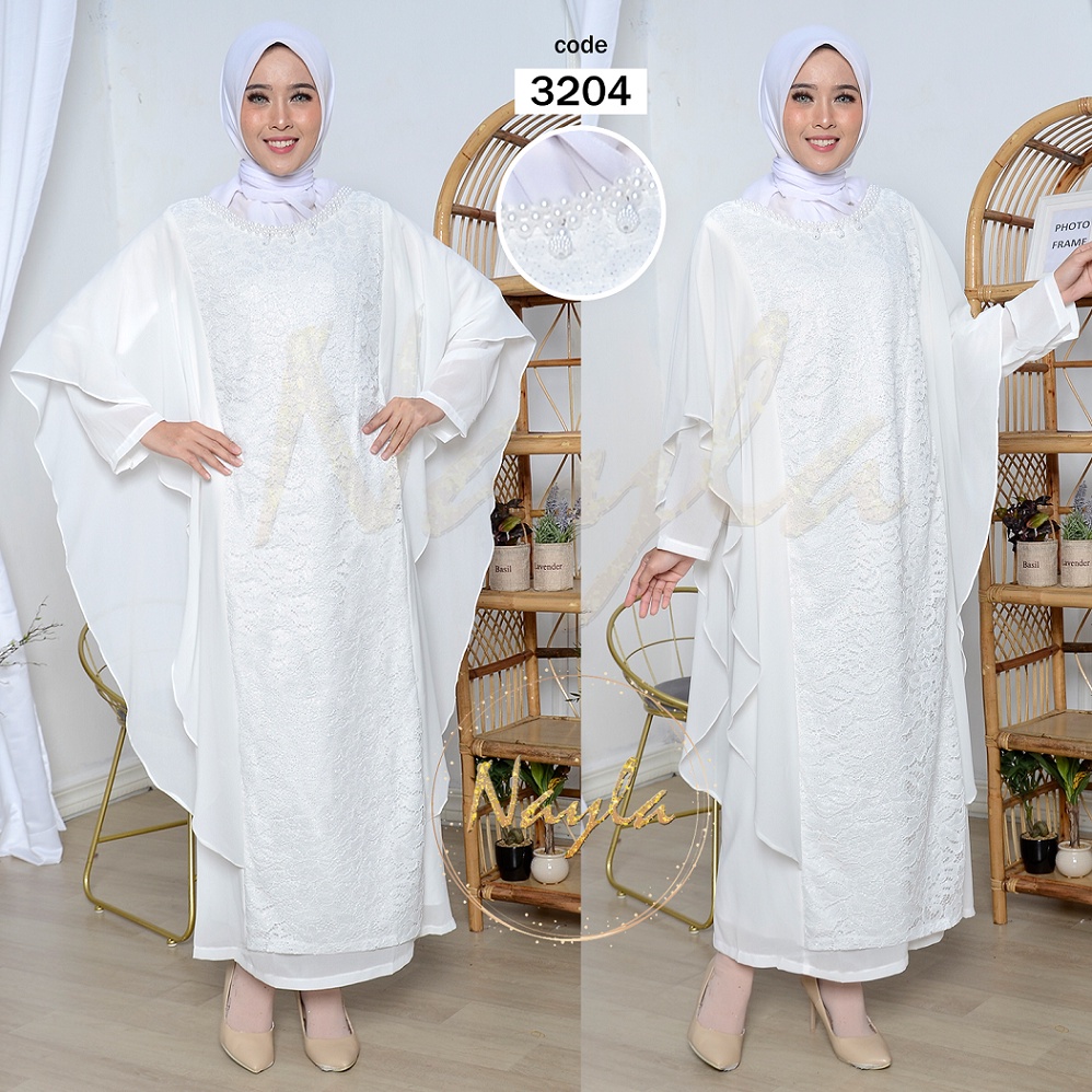 NAYLA Baju Gamis Putih Wanita Brukat Baju Lebaran Umroh Haji Busana Muslim Wanita Gamis Kelelawar Terbaru 3204