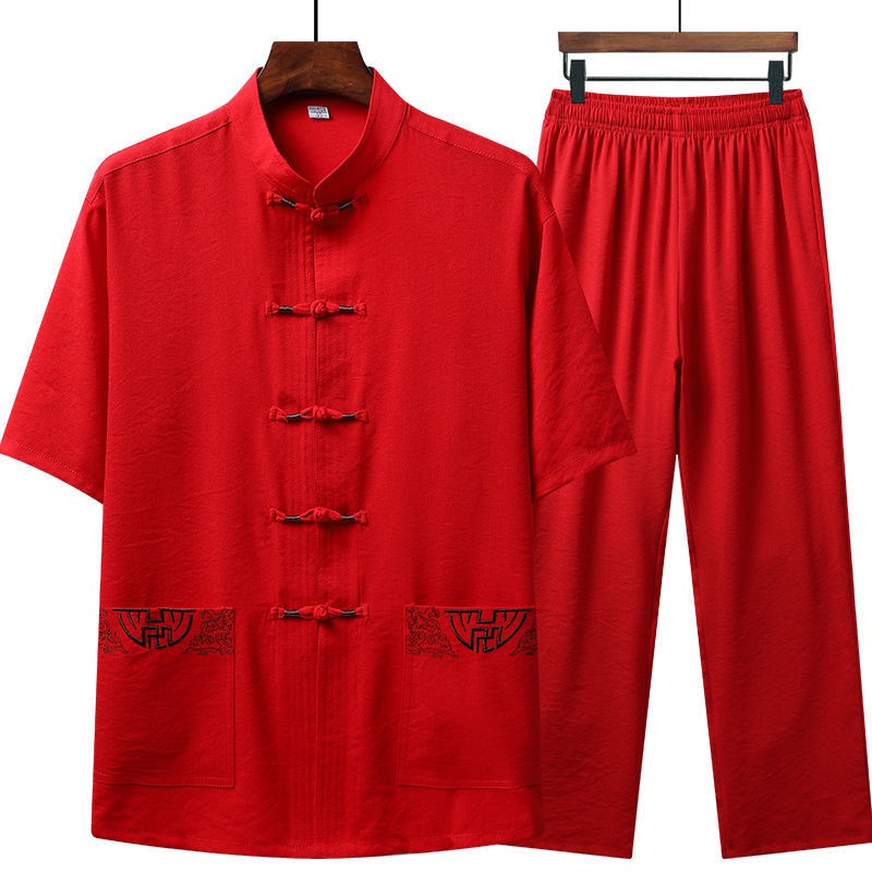 > Paruh baya dan baju Tang tua pria katun linen setelan Lengan pendek musim panas pakaian gaya Cina