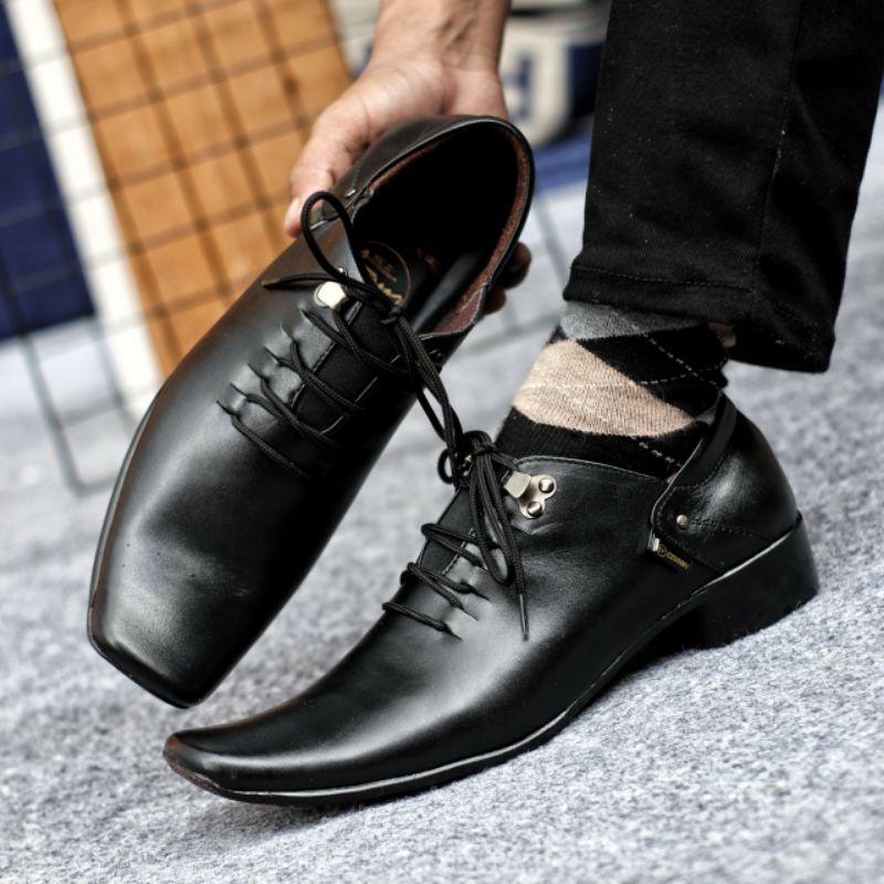 BONES Sepatu Pantofel Pria Kulit Asli Pentopel Formal Casual Kerja Kantor Pantopel Hitam Lancip