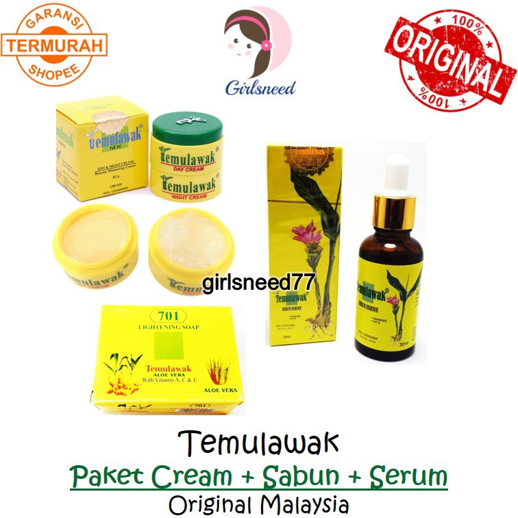 Temulawak Paket Krim Siang Malam Sabun plu Serum Essence Original Malaysia Temulawak Cream