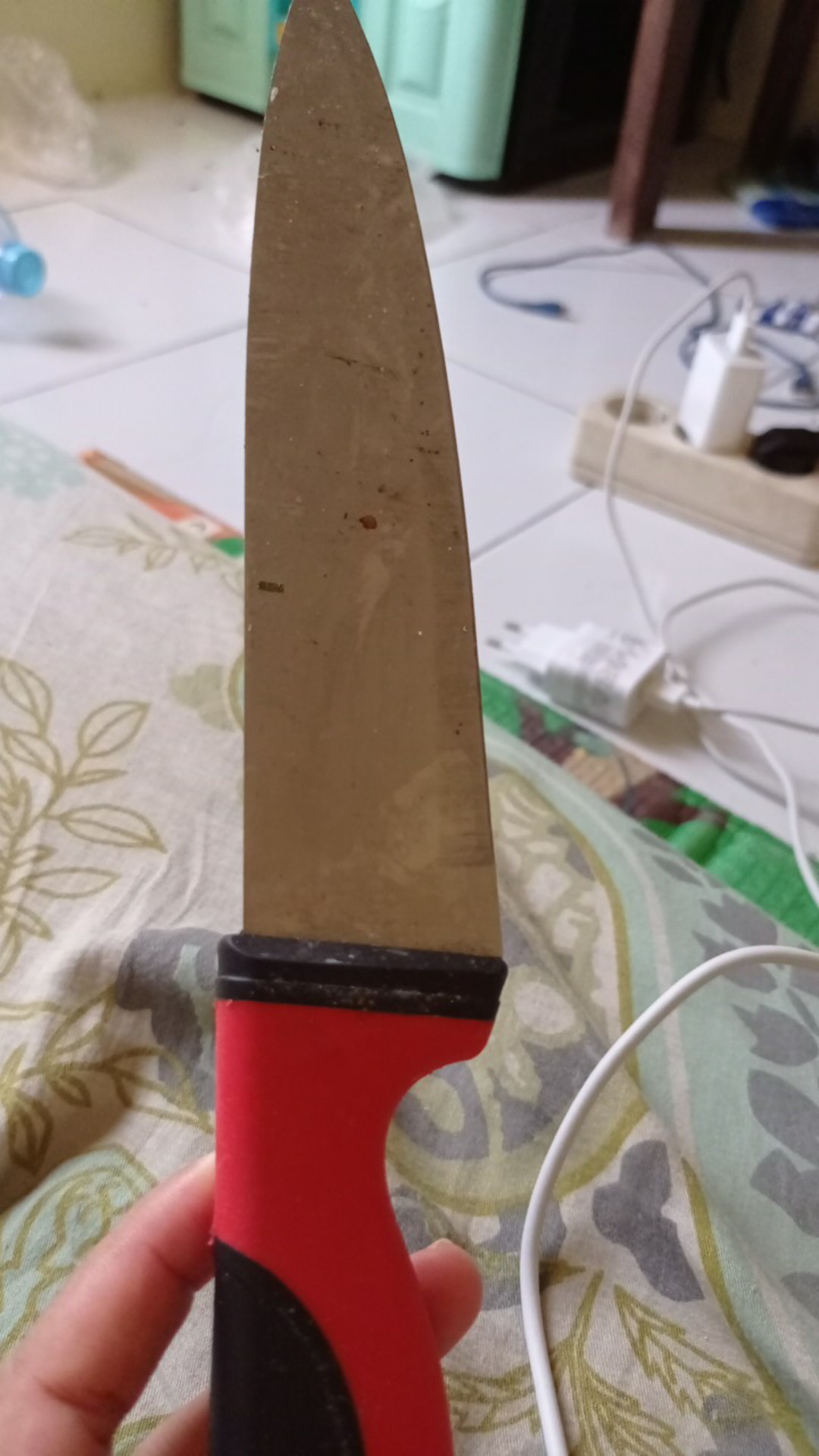 Knife Pisau Dapur Bahan Stainless Handle Karet Perpaduan Warna Merah Hitam