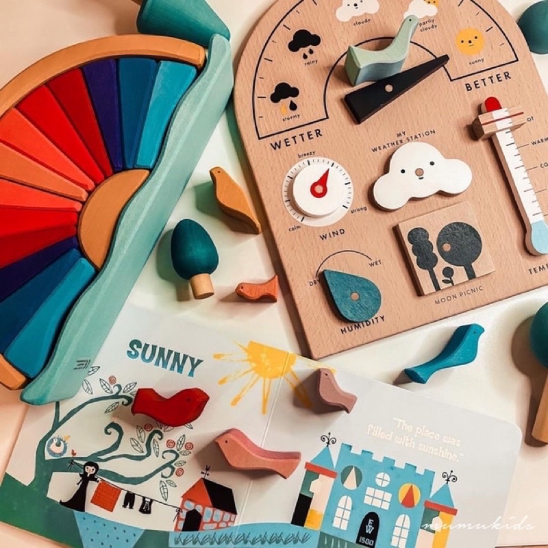 moon picnic wooden weather station board papan pengenalan cuaca