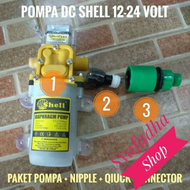 Paket Pompa Air DC 12 Volt Shell + Nipple + Konektor Selang 5/16