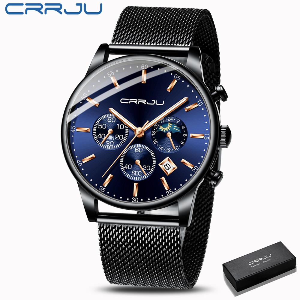 CRRJU Jam Tangan Pria/Wanita Cool Trendy Quartz Chronograph Stainless Steel Anti Air Chronograph Korea untuk Jam Origina