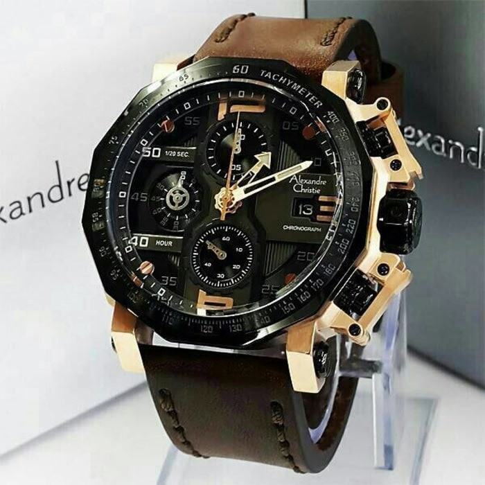 ORIGINAL ALEXANDRE CHRISTIE AC 6373 PRIA ROSEGOLD BLACK LETHER BROWN ORIGINAL