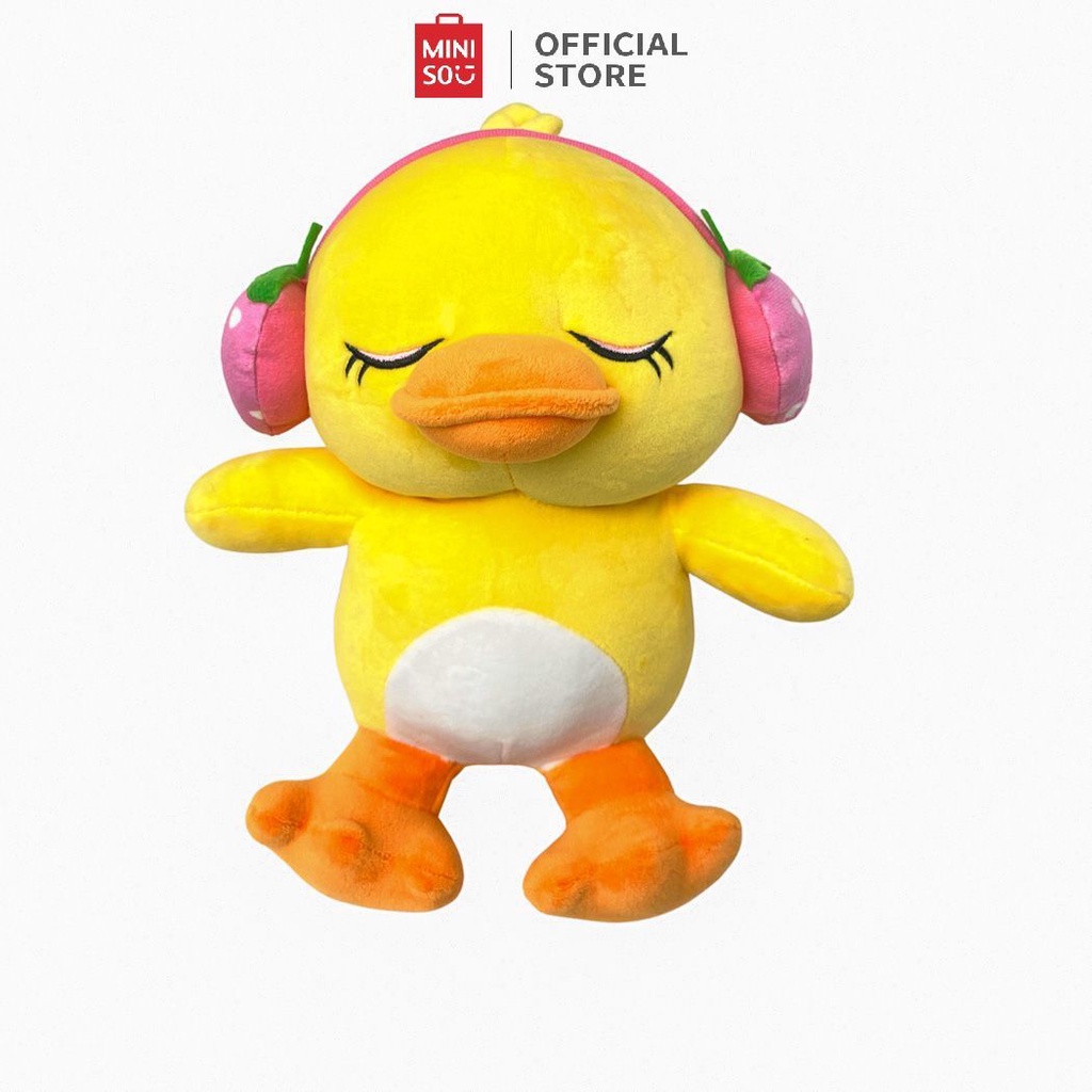 MINISO Boneka Bebek Kecil Duck EARPHONE mengenakan earphone Boneka Lucu, lembut dan halus, dengan bahan yang nyaman, ukurannya sepuluh inci Boneka