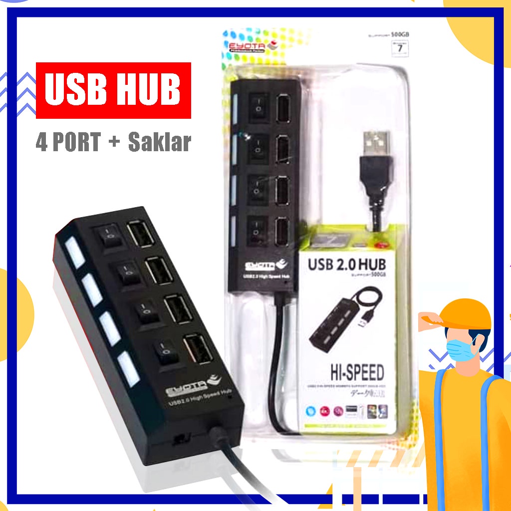 USB Hub 4 Port Saklar Lampu Led On Off Hispeed / 4Port Hi-Speed 2.0 - USB 4 Lubang Ceplekan Colokan USB 4 Lubang Cuttoff