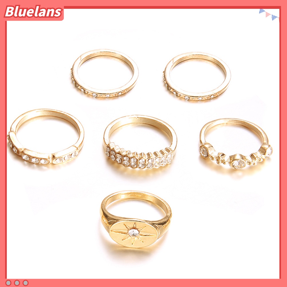 6pcs / Set Cincin Jari Bentuk Matahari Aksen Berlian Imitasi Untuk Wanita