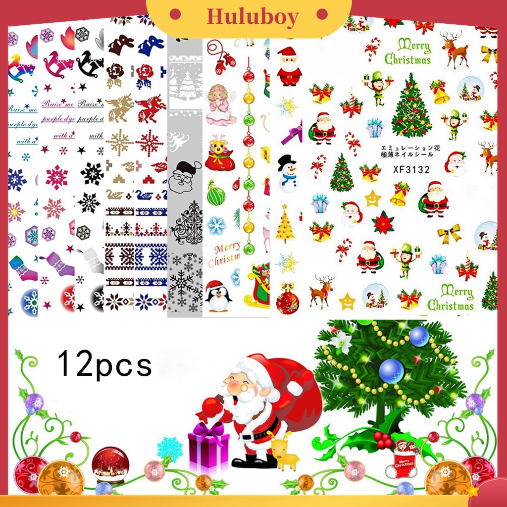 Huluboy Huluboy♡ 12pcs / Set Stiker Kuku 3D Motif Santa Claus / Rusa / Manusia Salju Warna-Warni Untuk Musim Dingin