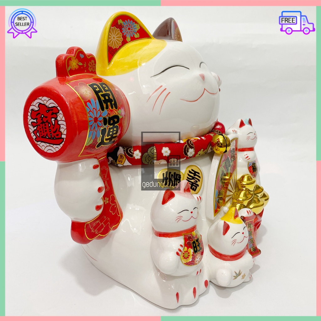 Pajangan Patung Hiasan Dekorasi Boneka Hadiah Kado Imlek Kucing Panggil Hoki Keberuntungan Lucky Cat Rejeki Rezeki Maneki Neko Maneko Neki Tangan Goyang Gerak Baterai Batre Batrai Batrei Listrik Cina Jepang Dekor Meja Toko Kasir Size Besar Jumbo Keramik