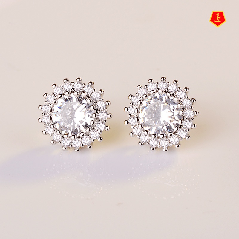 [Ready Stock]Simple Elegant round Flower Full-Jeweled Stud Earrings