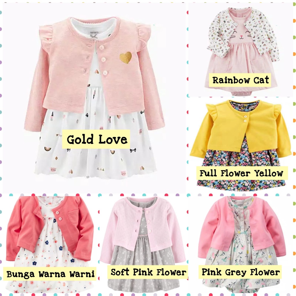 Dress Bayi 2 in 1 Dress Kardigan Bayi Newborn Anak Perempuan Dress Jumper Cardigan Bodysuit