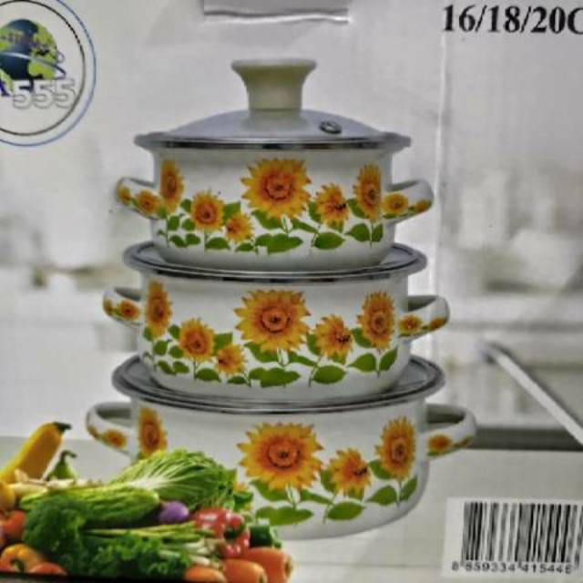 Panci Set Serbaguna enamel pot 6 pcs motif bunga tutup kaca