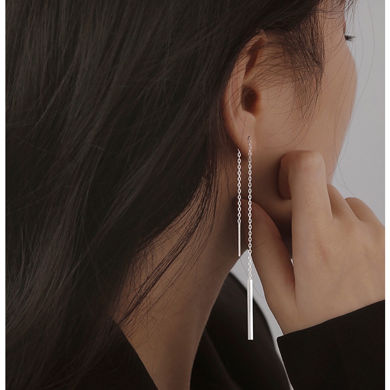 12 Cm 100% Nyata S925 Kawat tremella Anting-Anting Benang Telinga Menjuntai Anting-Anting Persegi Panjang Korea Fashion Perhiasan Hadiah