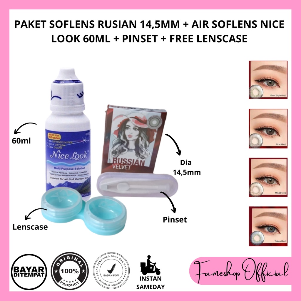 PAKET SOFTLENS RUSSIAN VELVET DIA 14,5MM NORMAL &amp; MINUS + CAIRAN NICE LOOK 60ML + PINSET + LENSCASE / COD INSTAN SAMEDAY / LENSA KONTAK / PAKET MURAH