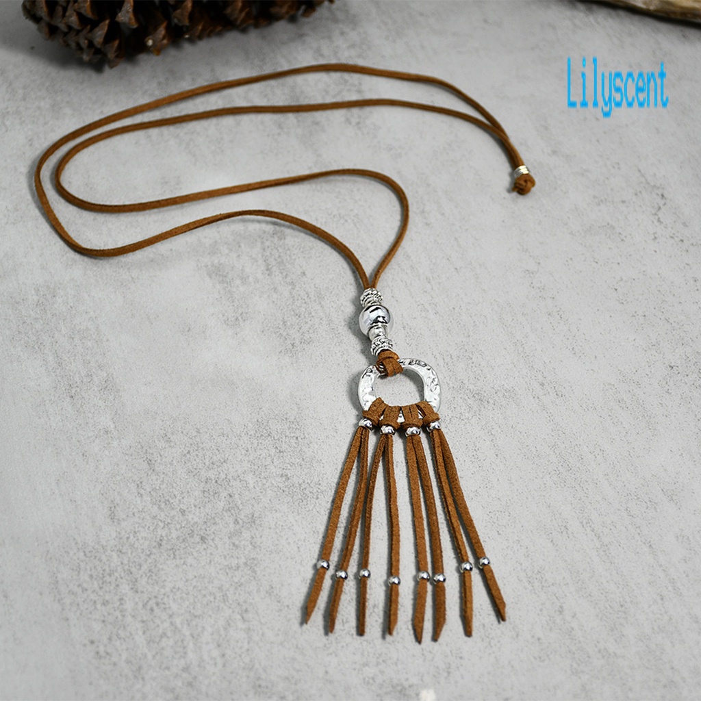 Kalung Choker Panjang Bahan Kulit Imitasi Aksen Rumbai Gaya Bohemian Untuk Wanita