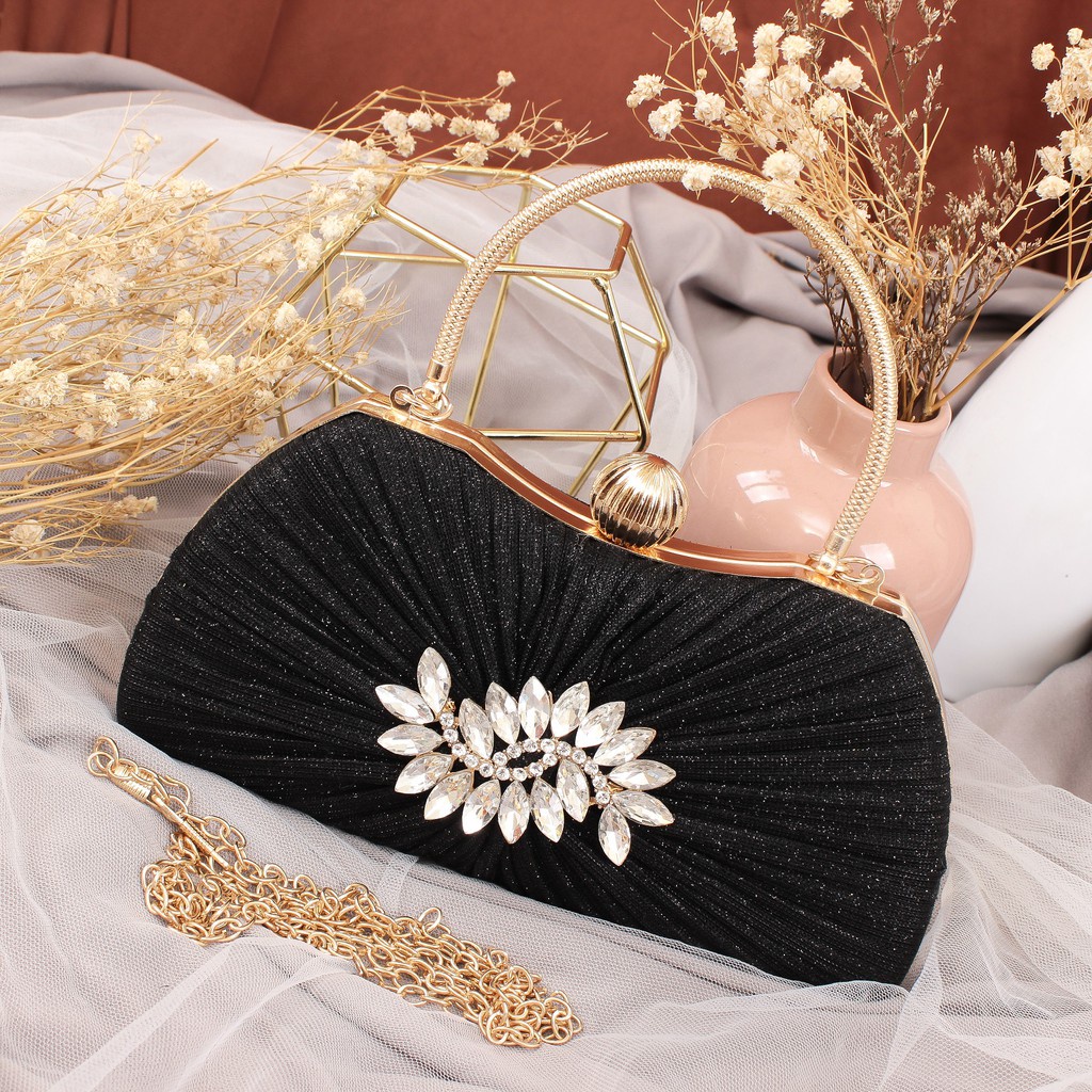 LT 2027 BQ 3512 CR 7643 GT 1916 RISCE TAS CLUTCH ELEGANT  MEWAH BLING-BLING BERLIAN DAUN GLITTER PESTA IMPORT WANITA CEWEK PEREMPUAN JAKARTA BATAM EL 5380 JTF GI 00136