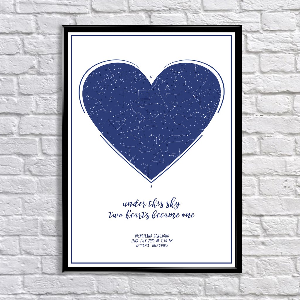 

BLUE HEART ON WHITE custom constellation star map personalized framed A3 poster unique decoration