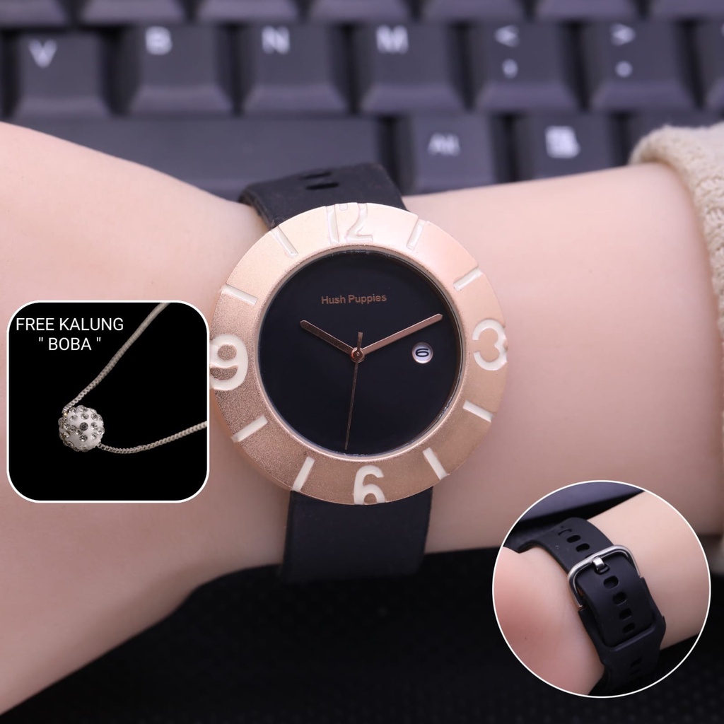 BEST SELLER JAM TANGAN WANITA HUSH PUPPIES FM65 TALI RUBBER TANGGAL AKTIF DM 4.0CM FREE KALUNG, BOX BATERAI CADANGAN || JAM TANGAN FASHION WANITA JAM TANGAN CEWEK MURAH HUSH PUPPIES