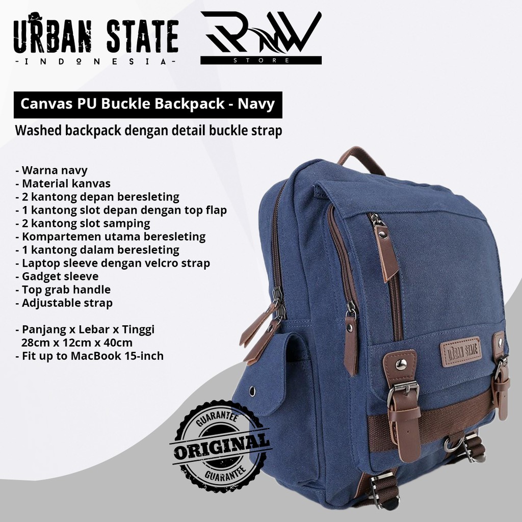 URBAN STATE Canvas PU Buckle Backpack - Navy