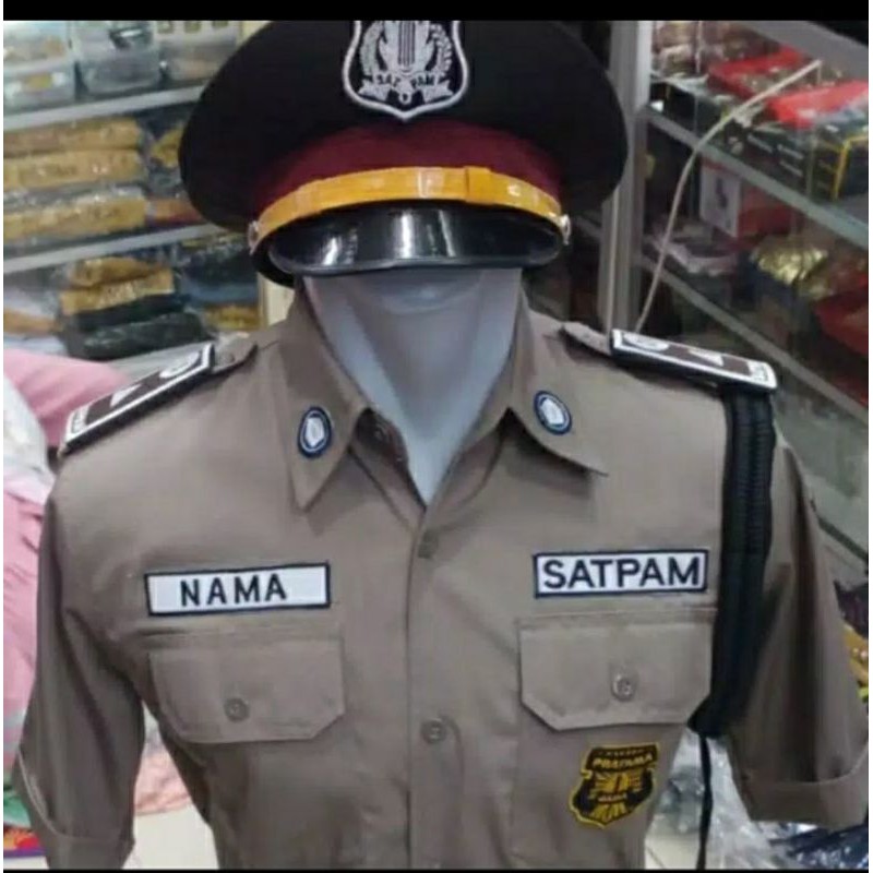 seragam pdh satpam terbaru:celana,baju, topi pet, pangkat,tali kur kopel dan logo