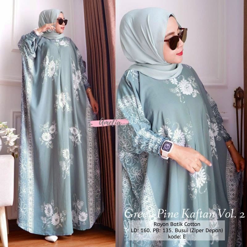 Green Pine Kaftan Motif Catur Batik Soft Color Jumbo Busui Resleting Depan Rayon Premium