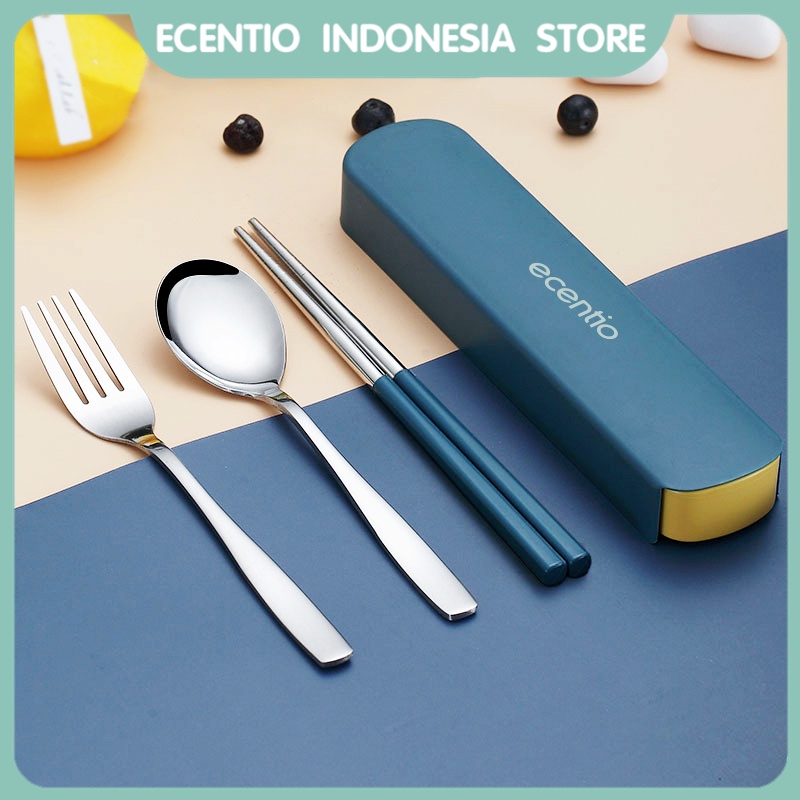 ecentio 3pcs sendok makan sendok garpu set stainless steel sumpit sendok grapu set alat makan dengan kotak berbahan