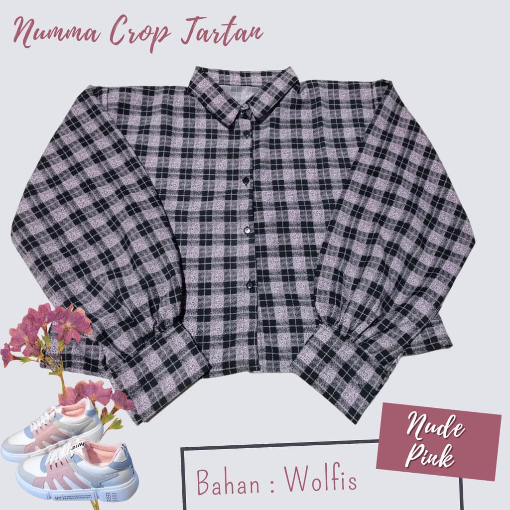 KEMEJA WANITA CASUAL POLOS BASIC AUDREY BASIC SHIRT KEMEJA LENGAN BALON POLOS, KEMEJA TANGAN BALON-NUMMA CROP NUDE