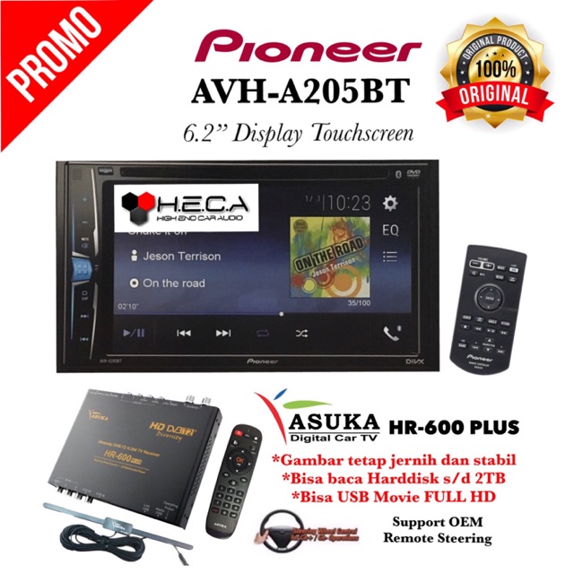 PAKET PROMO Pioneer AVH-A205BT Head Unit Double Din Tape Mobil & TV Tuner Digital ASUKA HR-600 PLUS