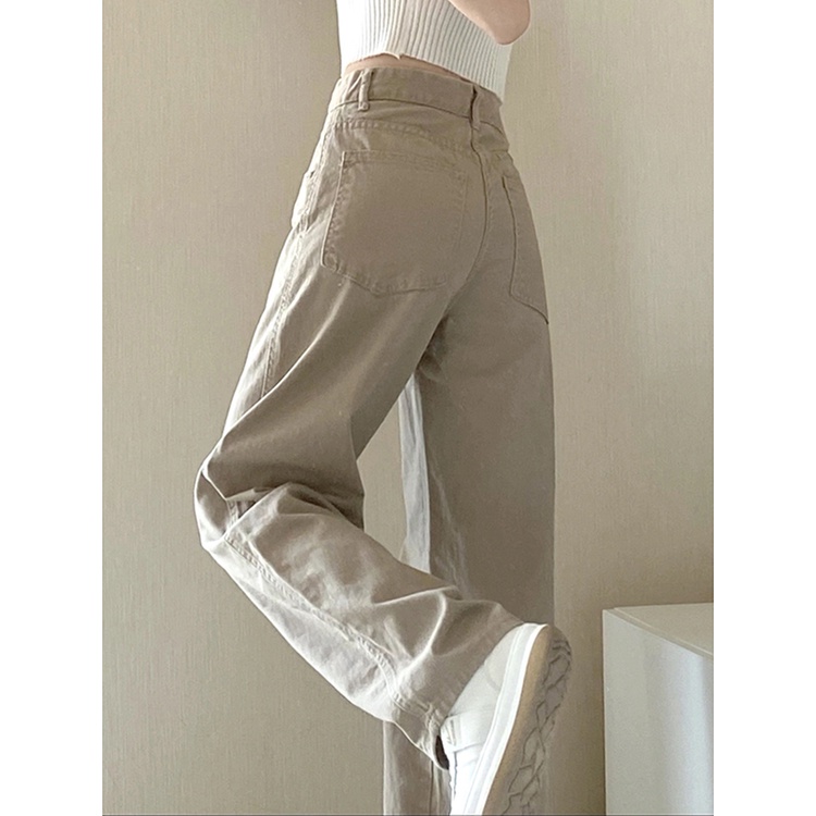 Celana Denim Wanita Jeans High Waist Korean Style Fashion Retro khaki Straight Pants Loose