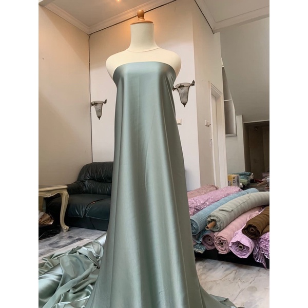 Kain Satin Saten Silk Meteran Bahan Bridesmaid Maxmara Original 100% Warna Ash Green Hijau Sage Muda