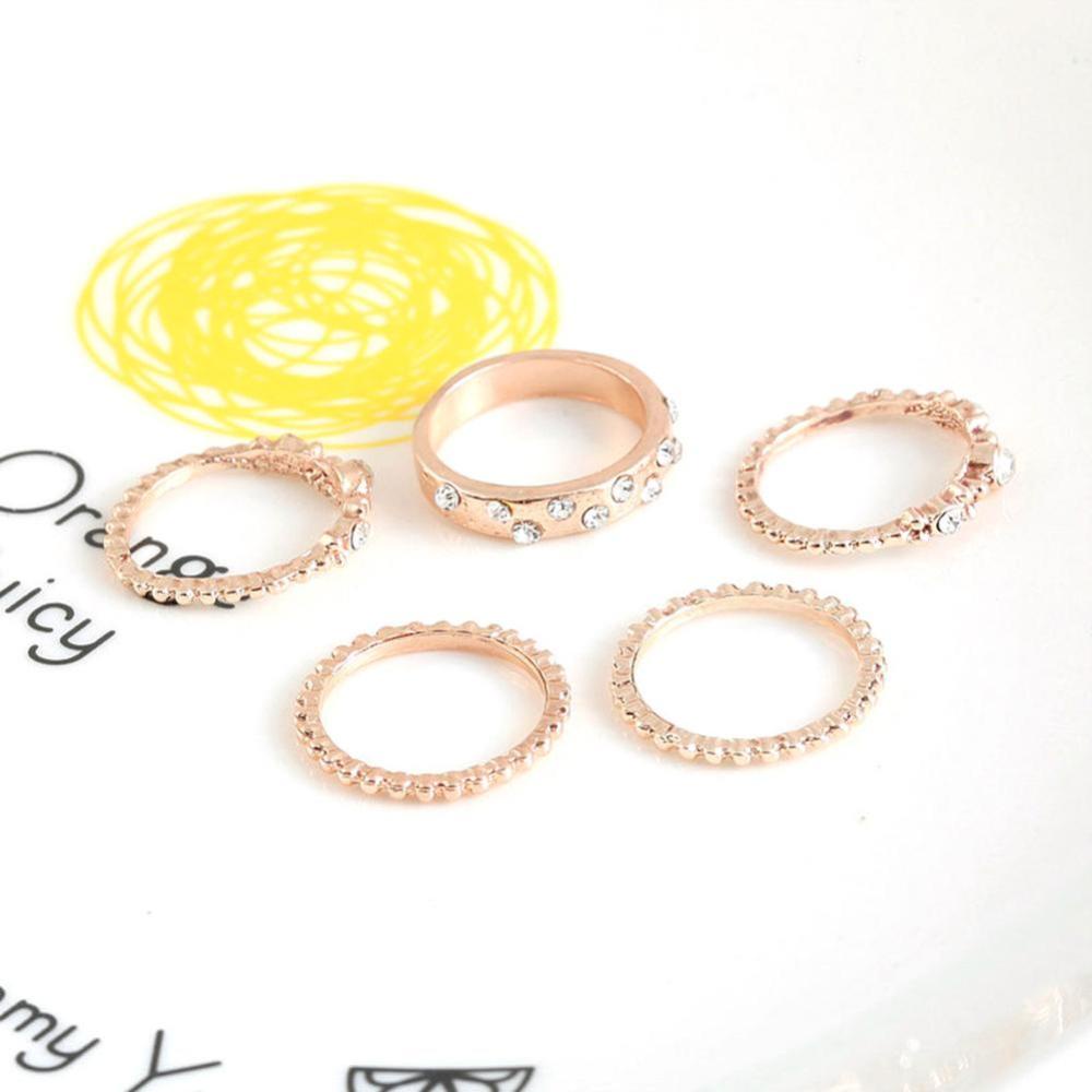 Timekey 5PCS / Set Cincin Rose Gold Hias Berlian Imitasi Gaya Simple Untuk Wanita A7K4