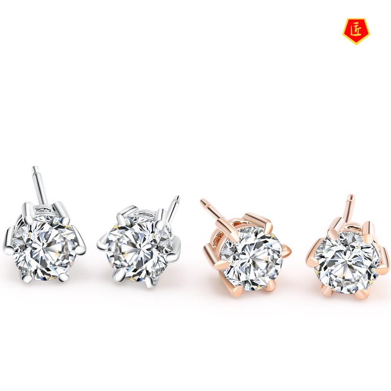 [Ready Stock]Fashion Silver Six-Claw Diamond Stud Earrings for Women