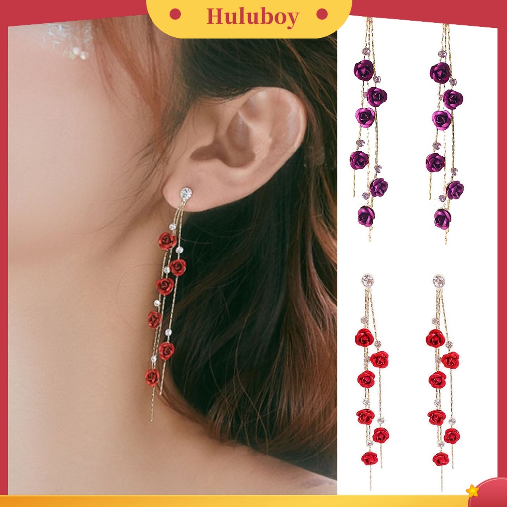 Hu Hu Hu Hu Hu Alat Bantu Pasang Kacamata♡ 1 Pasang Anting Rumbai Panjang Desain Bunga Mawar Aksen Berlian Imitasi Untuk Wanita