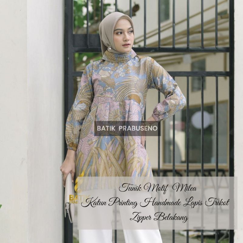 Atasan Baju Tunik Batik Wanita Motif Milea Lengan Panjang Lapis Trikot Jumbo Seragam Kerja Kantor Mo