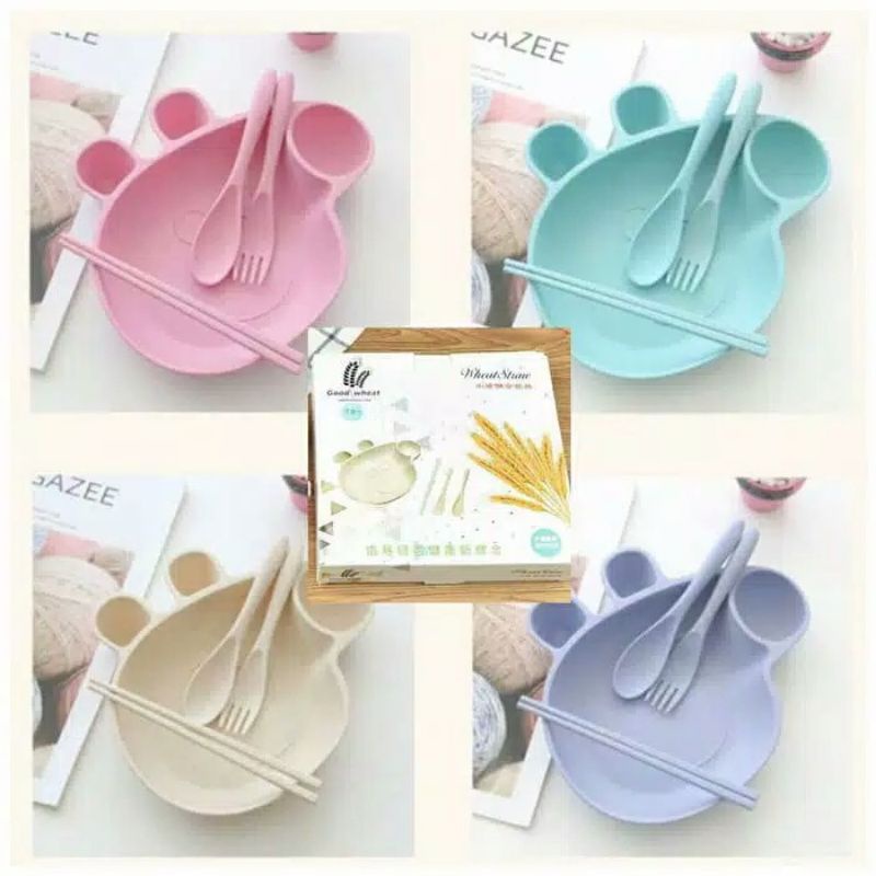 PMP105 Piring Makan Peppa Anak Set, Piring Garpu Sendok Sumpit Bahan Wheat Kuat Termasuk DUS