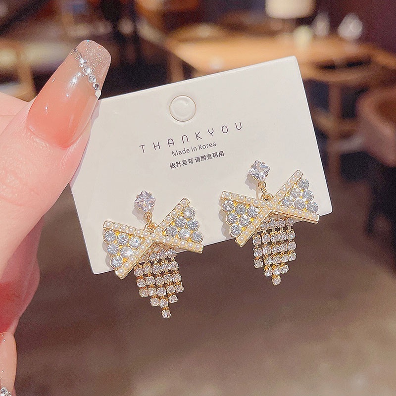 Anting Tusuk Sterling Silver 925 Desain Pita Hias Mutiara + Berlian Untuk Wanita