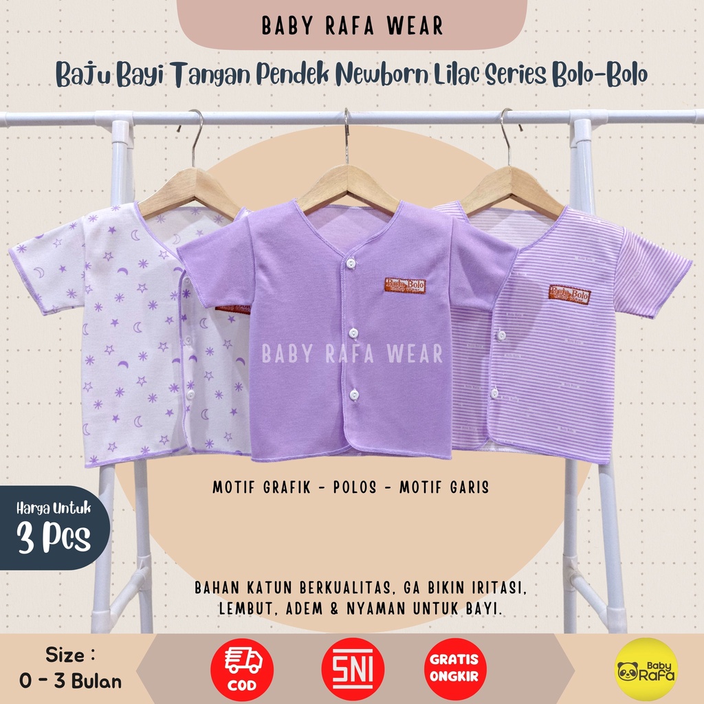 Serian Lilac - 3 pcs Baju Bayi Tangan Pendek Bayi Baru Lahir 0 sd 3 Bulan Lilac Series merk SNI Bolo - Bolo