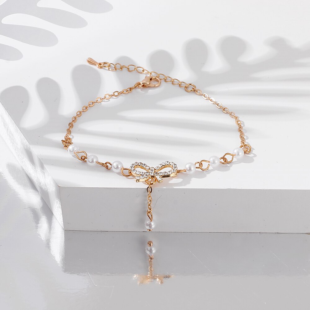 2021 Gelang Tangan Wanita Desain Pita Hias Mutiara Kristal Gaya Klasik Korea Sexy Untuk Pesta