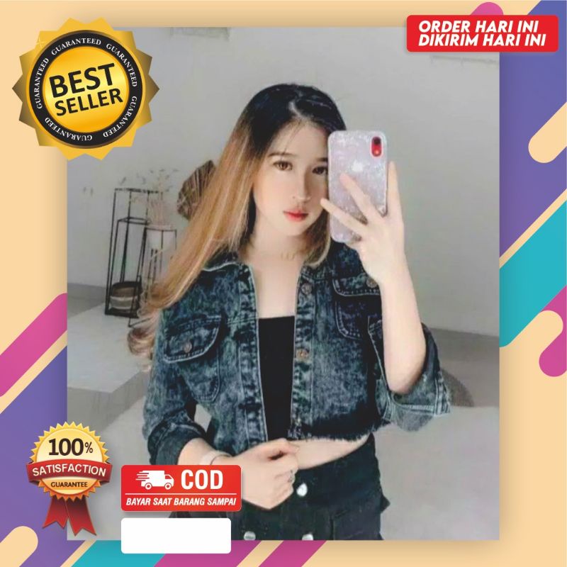 crop jaket jeans denim jins rawis jaket wanita cewek murah jaket