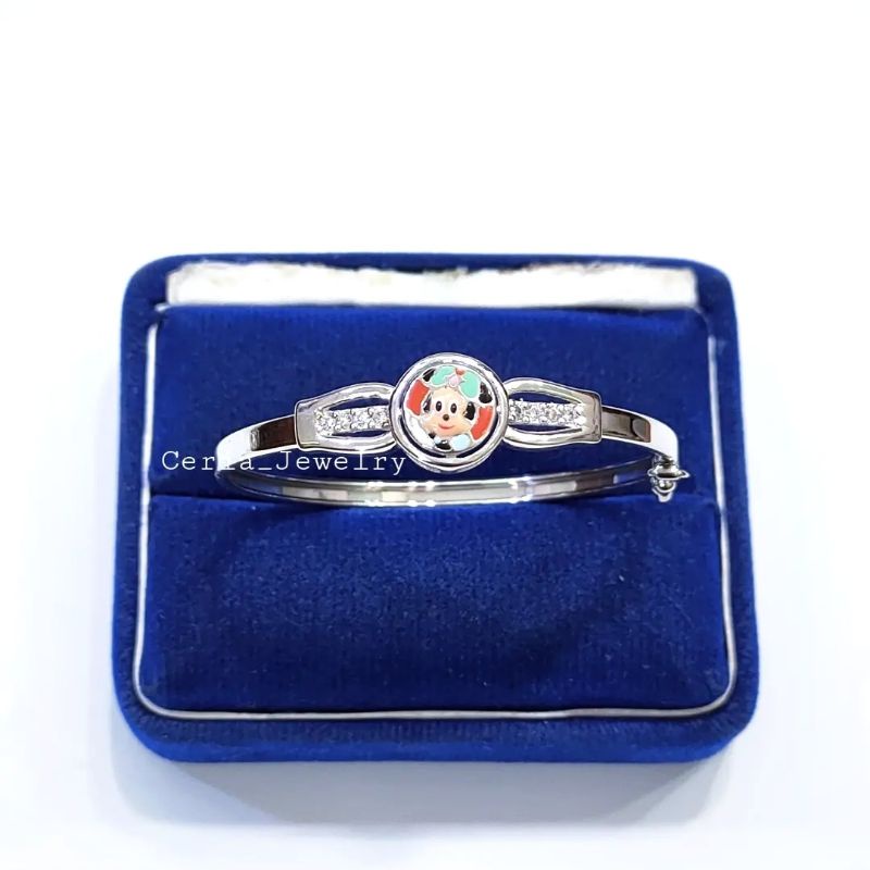 Gelang Perak Anak Asli Silver 925 Lapis Emas Putih Model Bangle Karateker Mickey - Perhiasan Anak